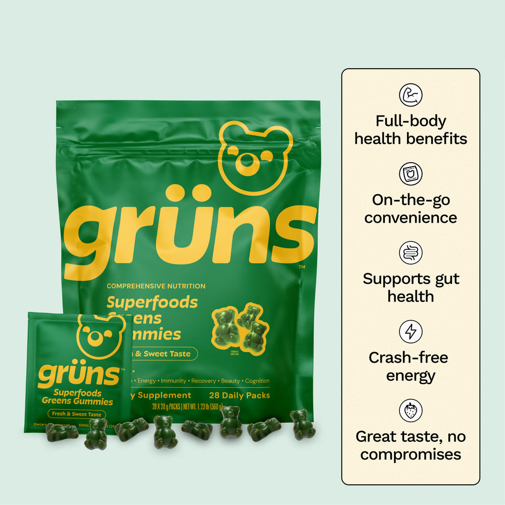Grüns Adult Super Greens Multivitamin Gummies, Superfood Gummy Vitamins for Women and Men with Spirulina, Chlorella, Adaptogens & Prebiotic Fiber for Digestive Health (28 Count)