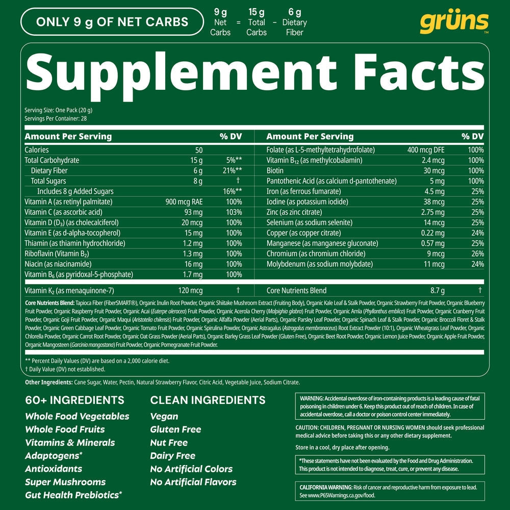 Grüns Adult Super Greens Multivitamin Gummies, Superfood Gummy Vitamins for Women and Men with Spirulina, Chlorella, Adaptogens & Prebiotic Fiber for Digestive Health (28 Count)