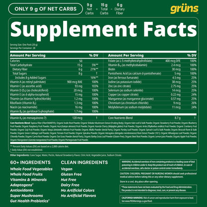 Grüns Adult Super Greens Multivitamin Gummies, Superfood Gummy Vitamins for Women and Men with Spirulina, Chlorella, Adaptogens & Prebiotic Fiber for Digestive Health (28 Count)