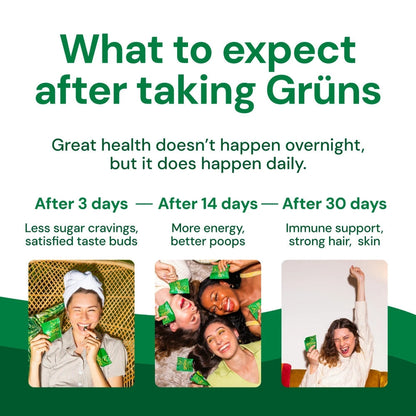 Grüns Adult Super Greens Multivitamin Gummies, Superfood Gummy Vitamins for Women and Men with Spirulina, Chlorella, Adaptogens & Prebiotic Fiber for Digestive Health (28 Count)